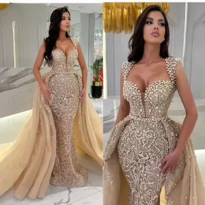 Customized Elegant Champagne Evening Dress Detachable Trailing Cap Sleeve Pearls Beads Dubai Arabic Formal Mermaid Prom Dress