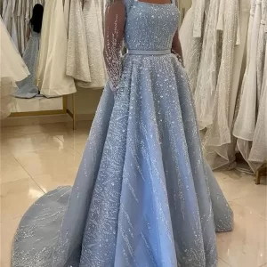 customized Sequins Long Prom Dresses A Line Long Sleeve Women's Formal Occasion Gowns Belt Party Dress فساتين السهرة