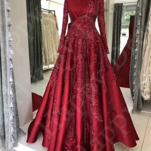 customized Muslim Saudi Arabic Evening dresses High Neck A-Line Long Sleeves Prom Dress Beaded Formal dress Wedding Party Dress