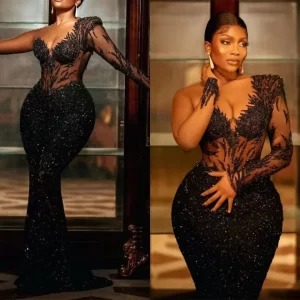 customized Plus Size Black Girl Celebrity Evening Dress Sequined Beading Illusion Prom Gowns Sheer Neck Party Dresses vestidos