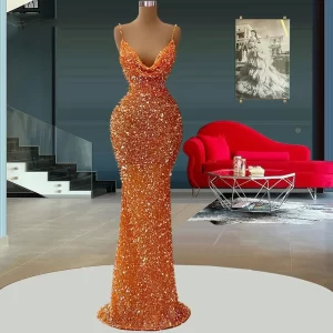 Orange Sparkling Mermaid Evening Dresses Women's V Neck Sleeveless Sequins Princess Prom Gowns Formal Party Robe customized